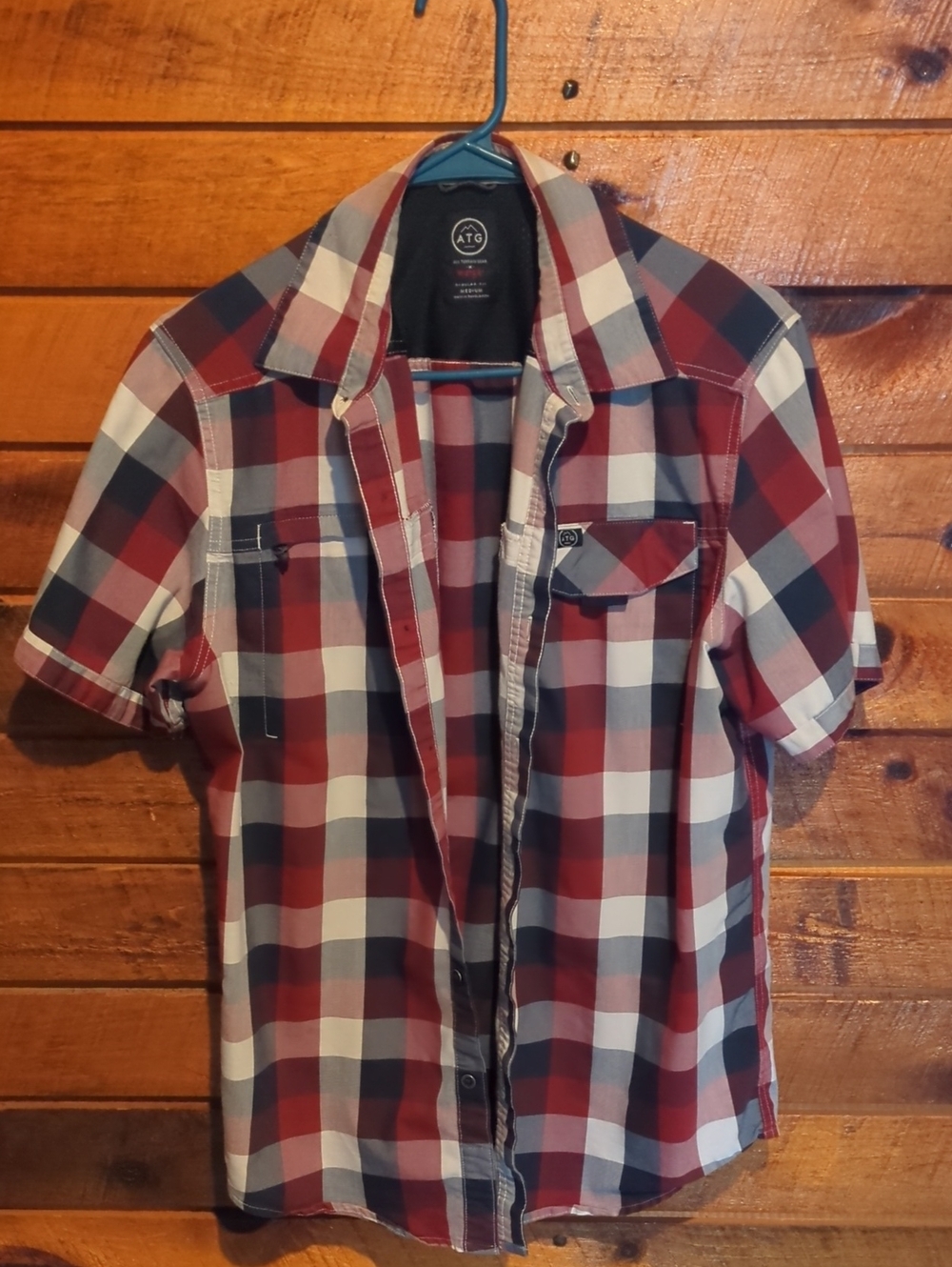 Wrangler Red, White and Blue Plaid Short-Sleeve Button-Down Shirt